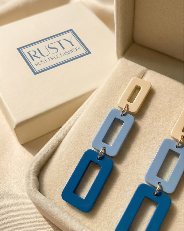 Rusty Geometric Blue Rectangle Drop Earrings
