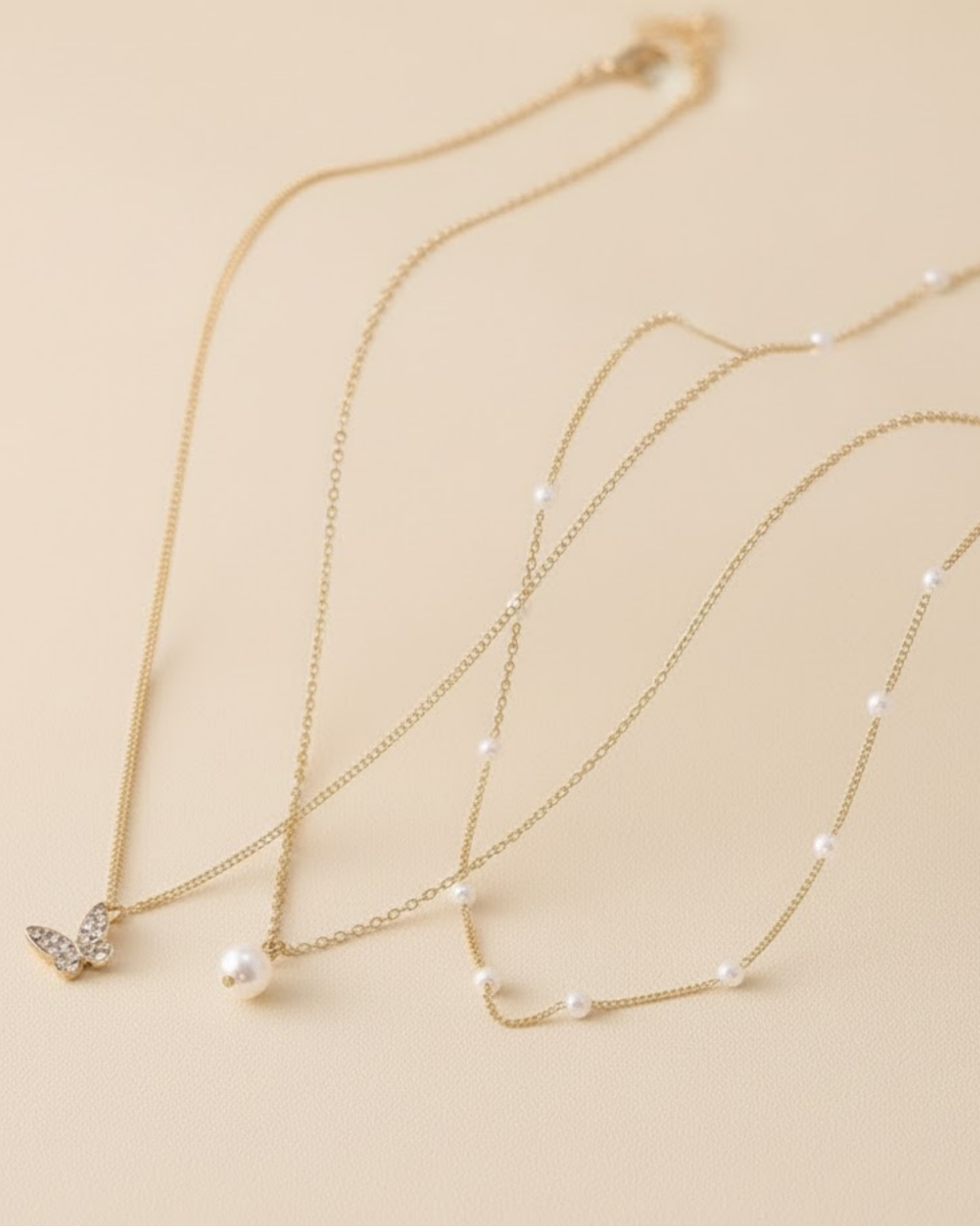 Rusty Layered Pearl & Butterfly Charm Necklace Set – 3 Layer Gold Chain