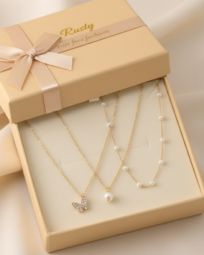 Rusty Layered Pearl & Butterfly Charm Necklace Set – 3 Layer Gold Chain