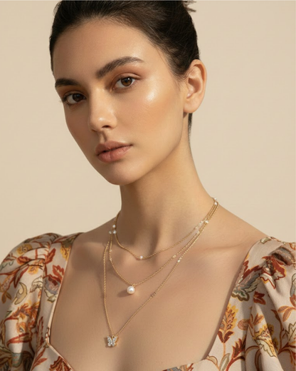 Rusty Layered Pearl & Butterfly Charm Necklace Set – 3 Layer Gold Chain