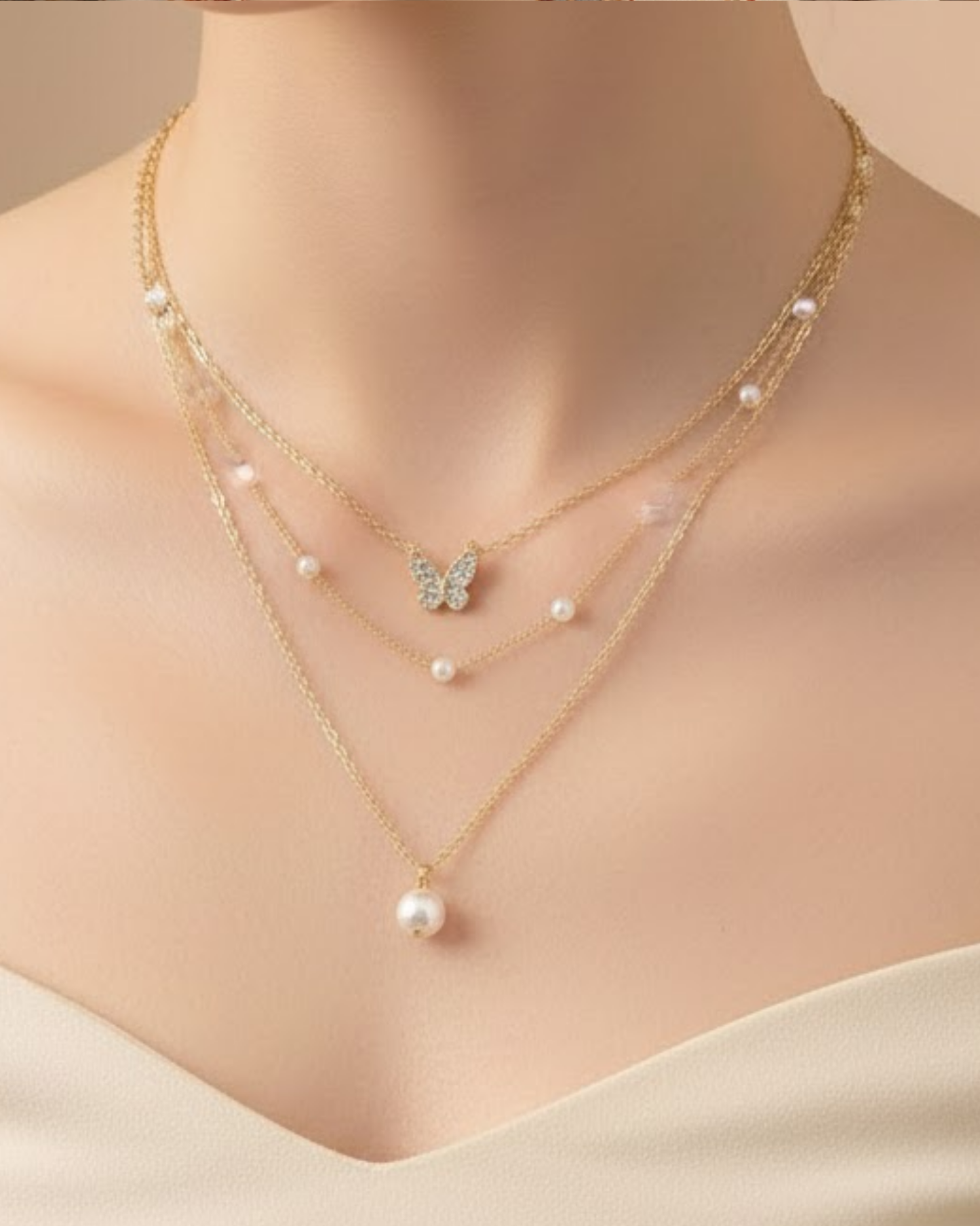 Rusty Layered Pearl & Butterfly Charm Necklace Set – 3 Layer Gold Chain