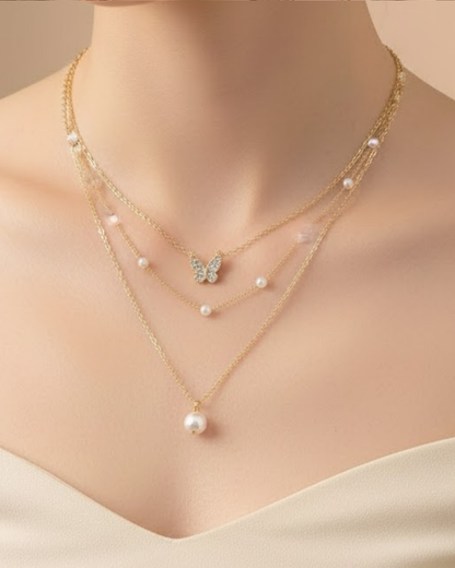 Rusty Layered Pearl & Butterfly Charm Necklace Set – 3 Layer Gold Chain
