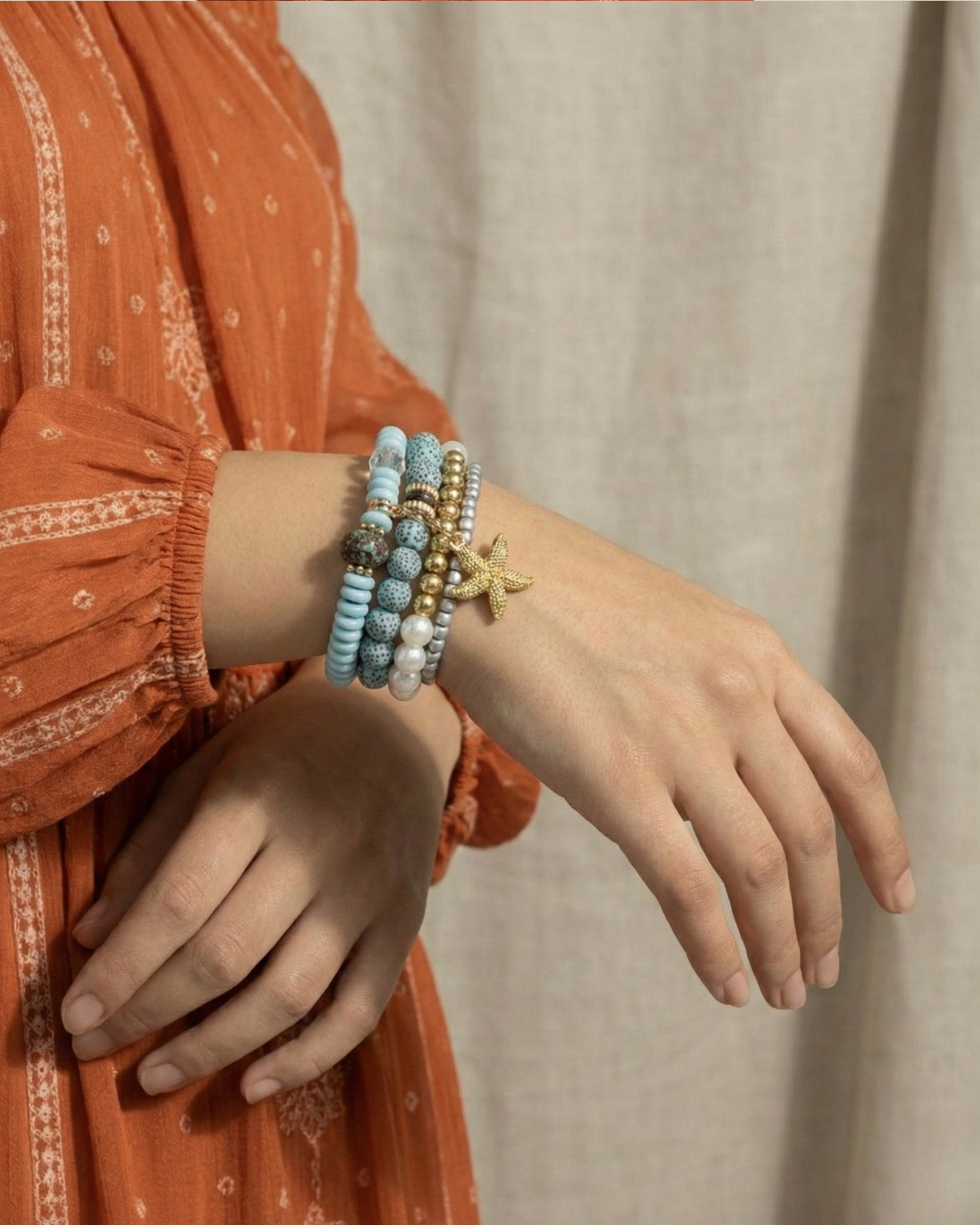 Rusty Starfish Beaded Bracelet Set