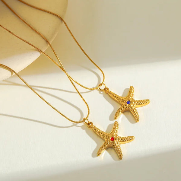 Gold Starfish Pendant Necklace with Blue Zircon – Ocean-Inspired Jewelry by Rusty