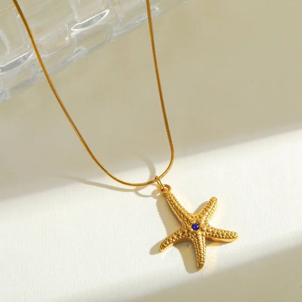 Gold Starfish Pendant Necklace with Blue Zircon – Ocean-Inspired Jewelry by Rusty