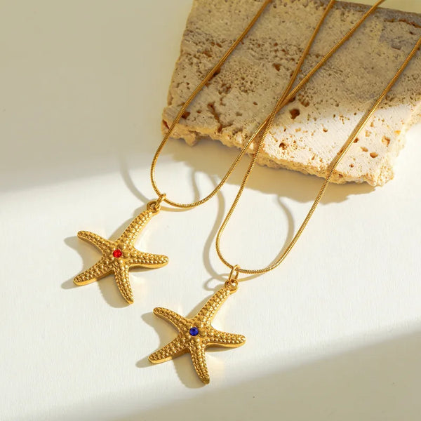 Gold Starfish Pendant Necklace with Blue Zircon – Ocean-Inspired Jewelry by Rusty