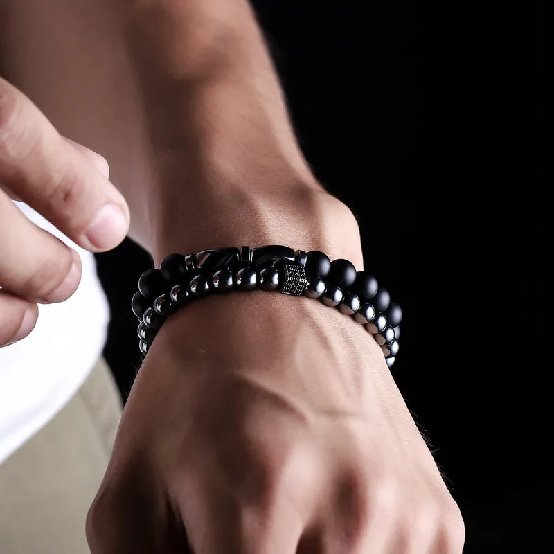 Rusty Black Beaded Braided Bracelet