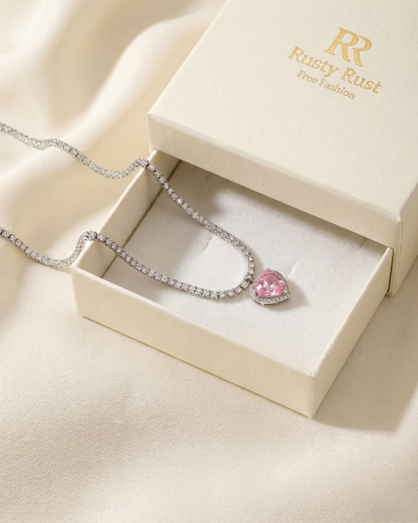 Sparkling Pink Heart Crystal Necklace – Elegant Statement Jewellery by Rusty