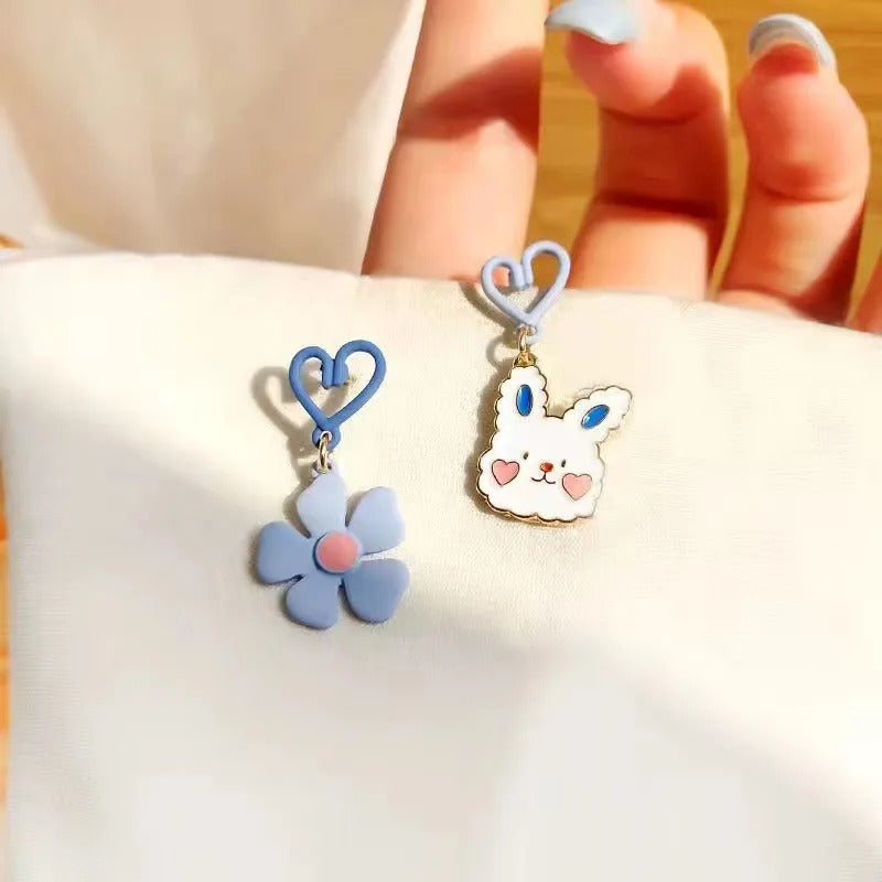 Rusty Blue Bunny & Flower Heart Drop Earrings – Cute Mismatch Design