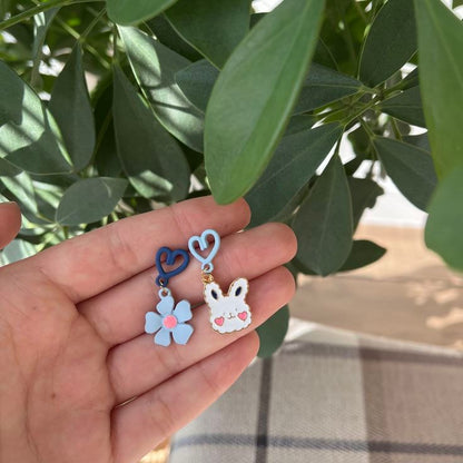 Rusty Blue Bunny & Flower Heart Drop Earrings – Cute Mismatch Design