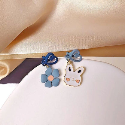 Rusty Blue Bunny & Flower Heart Drop Earrings – Cute Mismatch Design