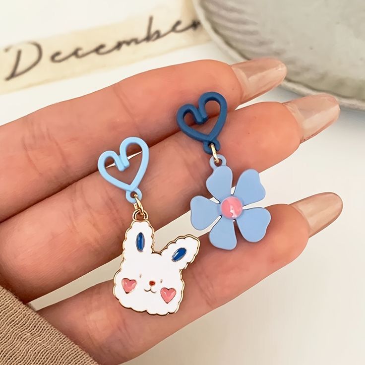 Rusty Blue Bunny & Flower Heart Drop Earrings – Cute Mismatch Design
