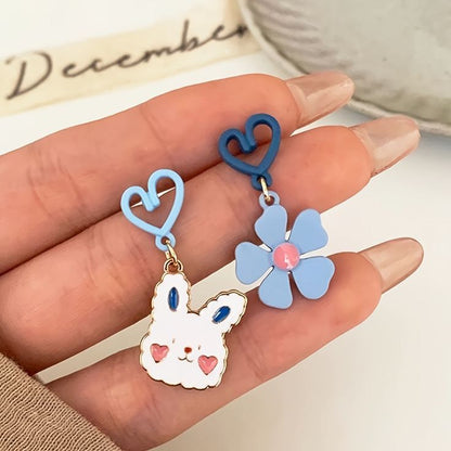 Rusty Blue Bunny & Flower Heart Drop Earrings – Cute Mismatch Design