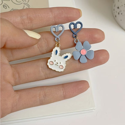 Rusty Blue Bunny & Flower Heart Drop Earrings – Cute Mismatch Design