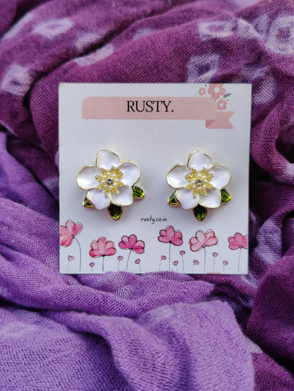 Rusty White Floral Pearl & Crystal Stud Earrings for Women