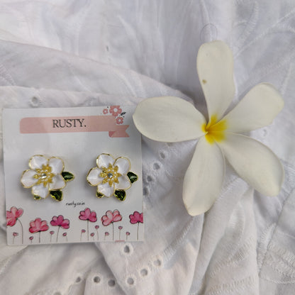Rusty White Floral Pearl & Crystal Stud Earrings for Women