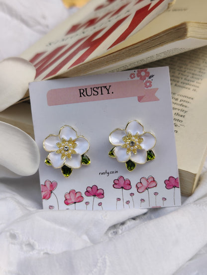 Rusty White Floral Pearl & Crystal Stud Earrings for Women