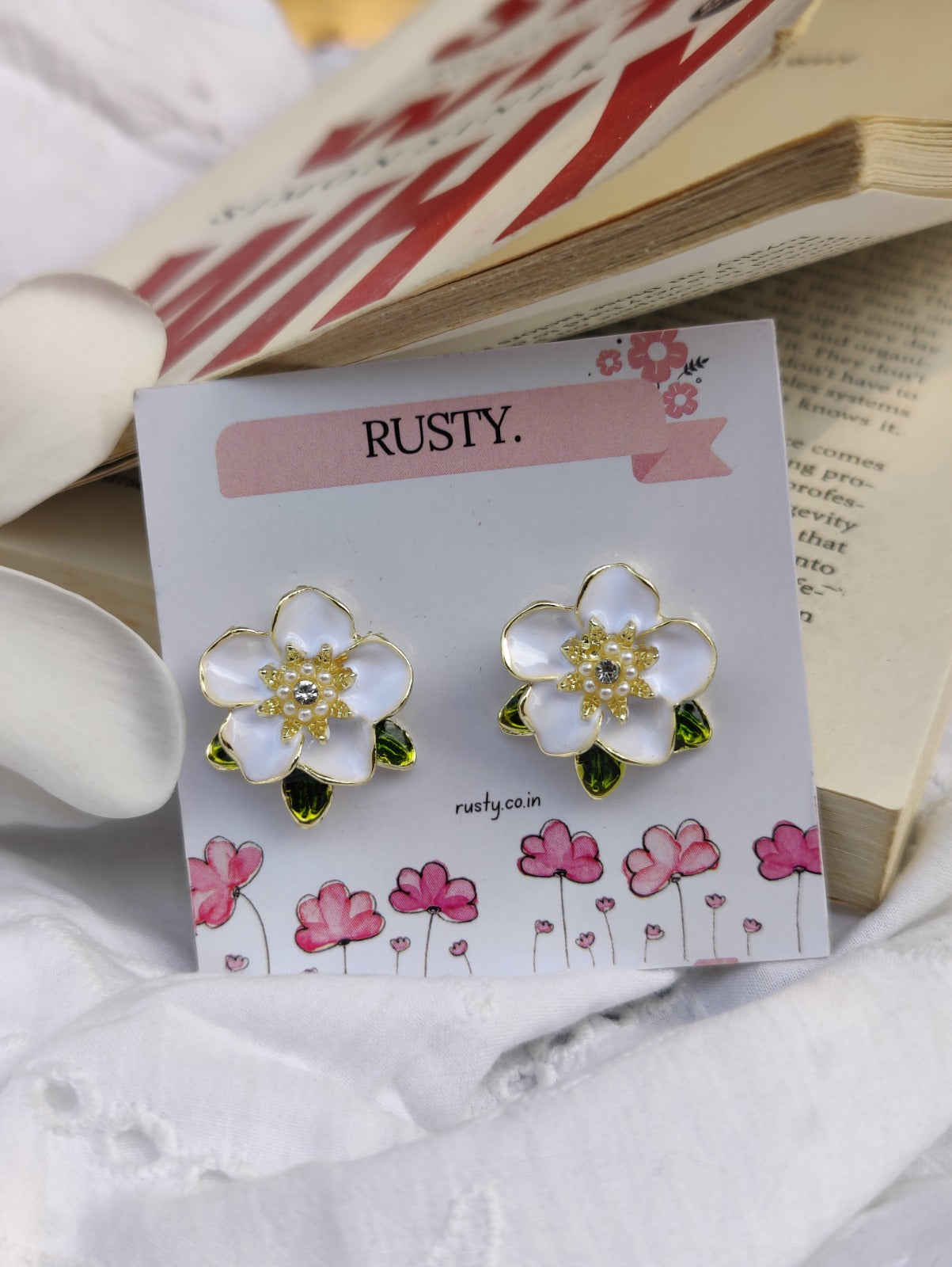 Rusty White Floral Pearl & Crystal Stud Earrings for Women