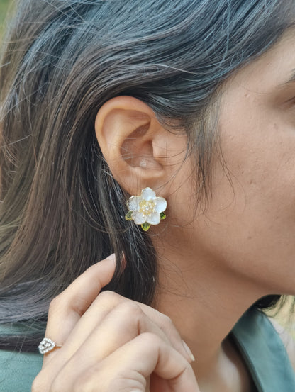 Rusty White Floral Pearl & Crystal Stud Earrings for Women