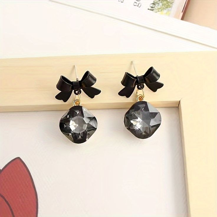 Rusty Black Bow Crystal Drop Earrings for Women