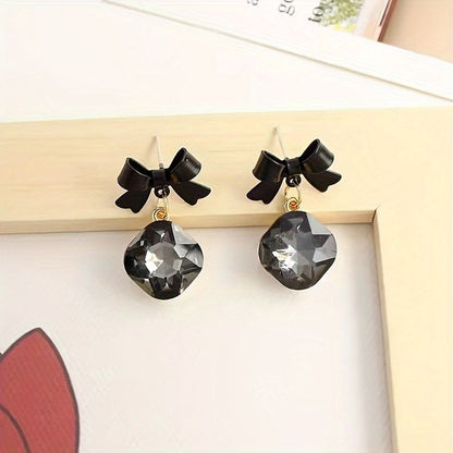 Rusty Black Bow Crystal Drop Earrings for Women