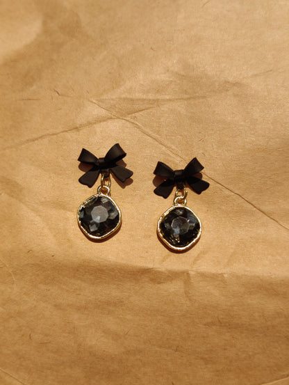 Rusty Black Bow Crystal Drop Earrings for Women