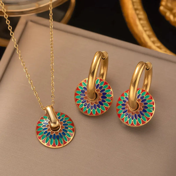 Vibrant Mandala Necklace & Earrings Set – Colorful Enamel Jewelry by Rusty