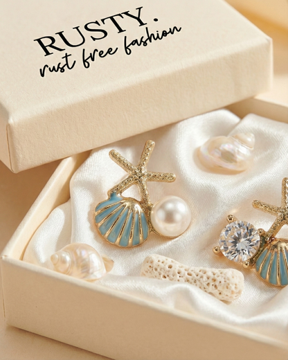 Rusty Ocean Starfish Pearl Earrings