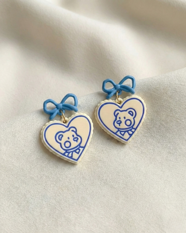 Rusty Teddy Heart Bow Earrings