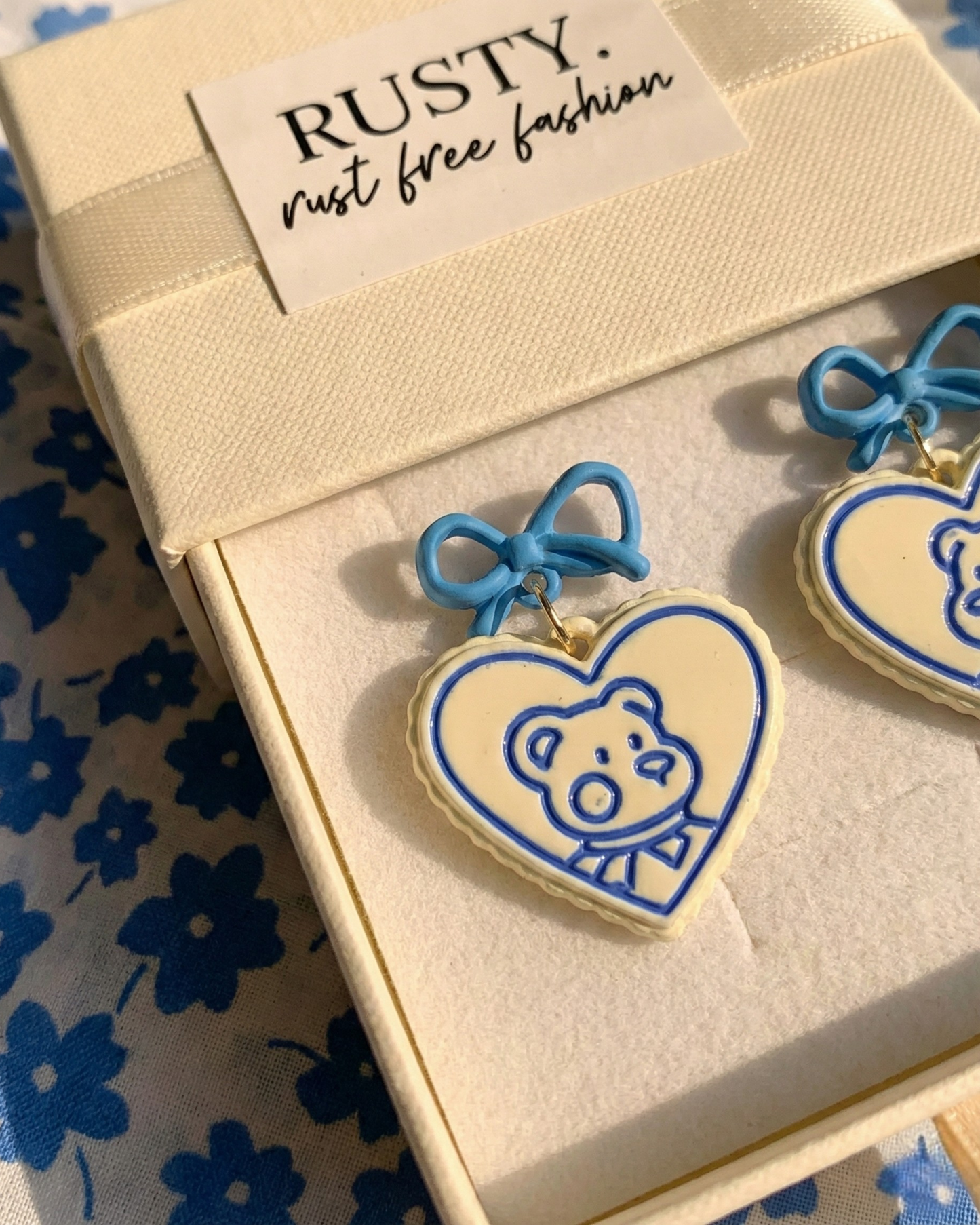 Rusty Teddy Heart Bow Earrings